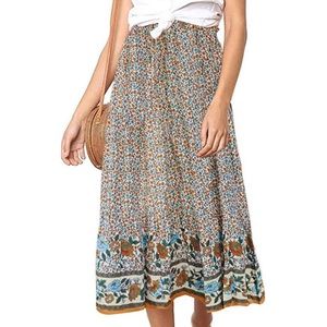 MEROKEETY Women's Boho Floral Print Elastic High Waist Pleated A Line Midi Skirt